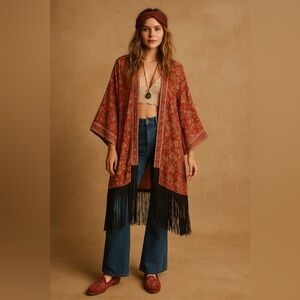 H&M Fringe Boho Long Open Kimono Women’s Size Medium Oversized NEW